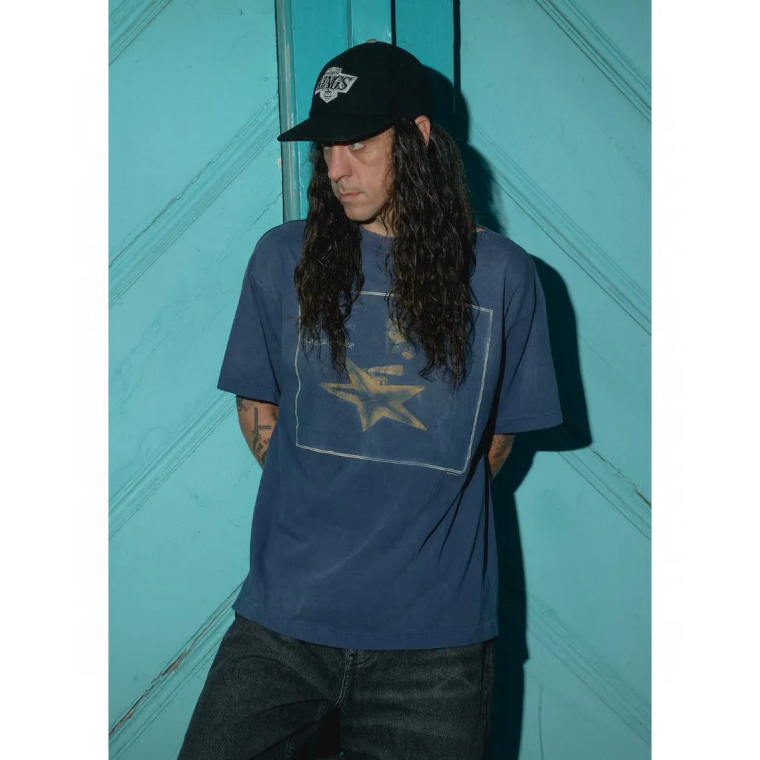 CACTUS PLANT FLEA MARKET x SAINT Mxxxxxx STAR SS TEE/NAVY New CPFM star smiley holed distressed short sleeves Washed blue S-XL Genuine consistent tube weaving without side seams High weight OE yarn fabric Assute dyeing Multiple horse fades Heavy wash water Worn holes Customized joint main mark/wash mark/little angel anti-counterfeiting label